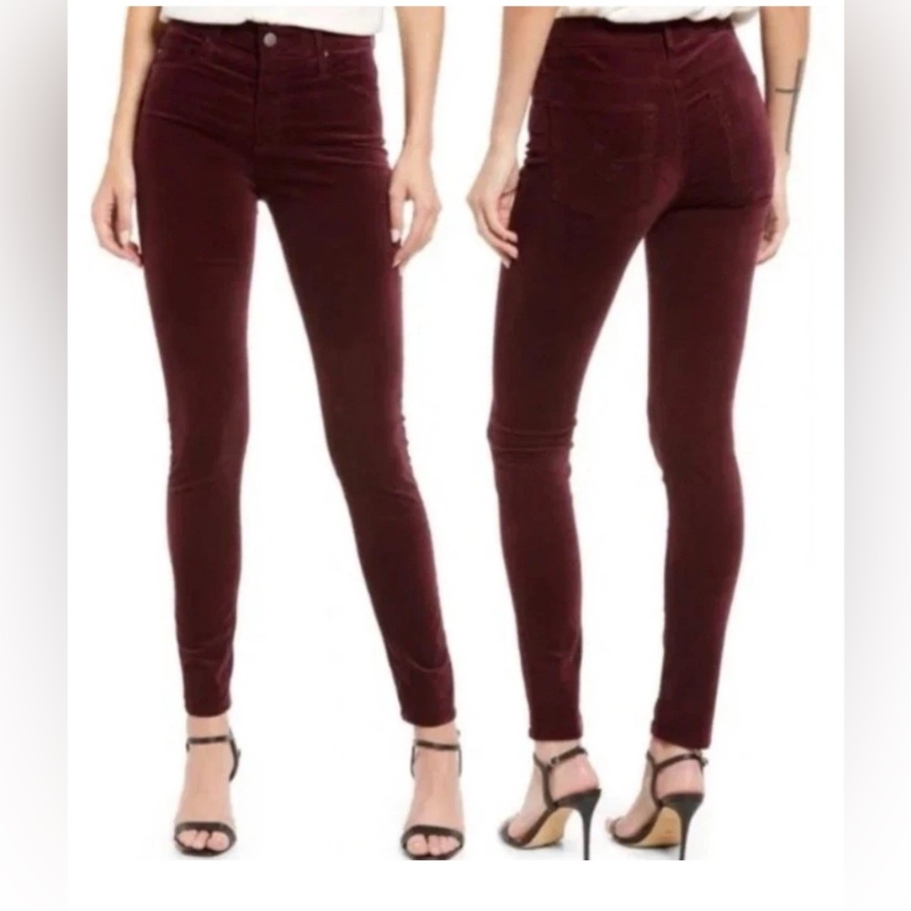 AG Women's The Farrah Skinny High Rise Velvet Pants Witchy Maroon Wine Size 26R